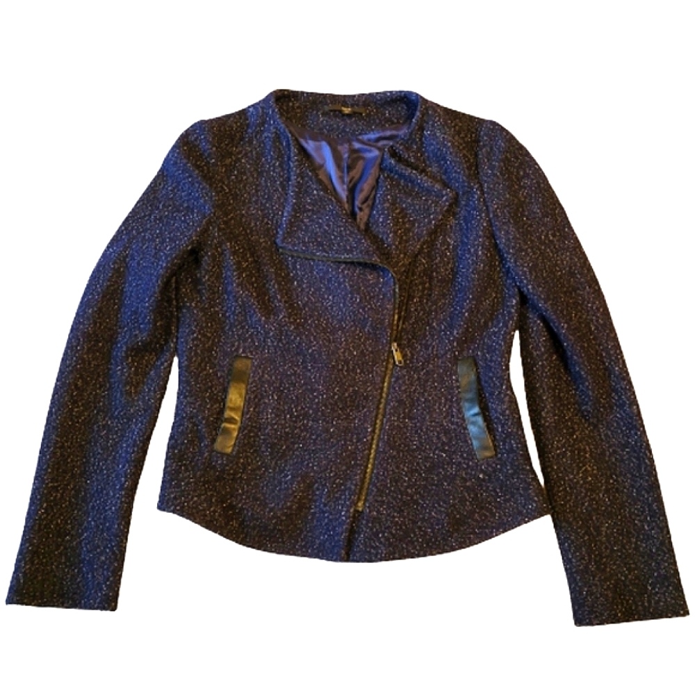 Hugo Boss women navy blue w/white speckles lightweight motorcycle jacket size 6